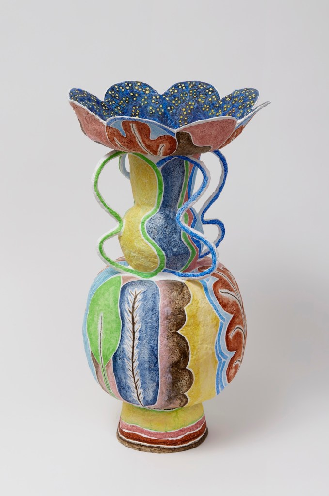 A Flower that Contains the Sky, 2021. 26 x 14 inches. Acrylic and flashe on celuclay, cardboard and aluminum armature