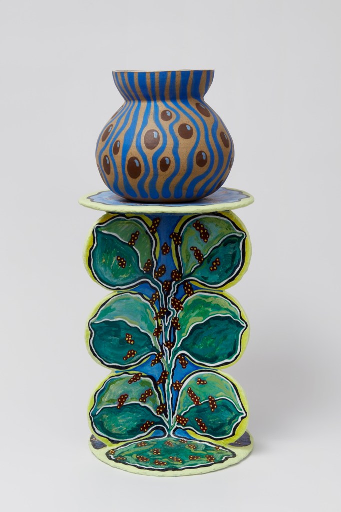 Wave Jar on Leaf Side Table, 2022. 22 x 13 inches. Acrylic and flashe on celuclay and glazed Stoneware