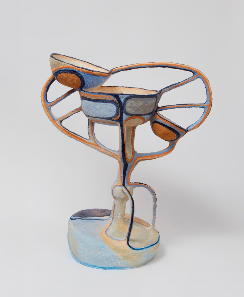 Three Cups, 2022. 30 x 25 inches. Acrylic and flashe on celuclay. Aluminum and styrofoam armature