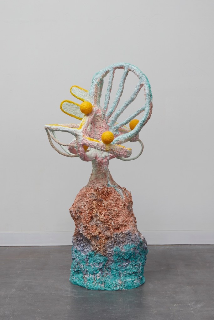 It was winter and my apple tree was full of oranges, 2023, Acrylic and flashe on celuclay, paper, sculptamold, aluminum and styrofoam armature, 20 x 26 x 52 inches
