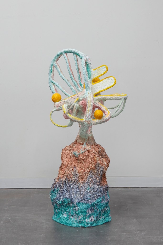 It was winter and my apple tree was full of oranges, 2023, Acrylic and flashe on celuclay, paper, sculptamold, aluminum and styrofoam armature, 20 x 26 x 52 inches