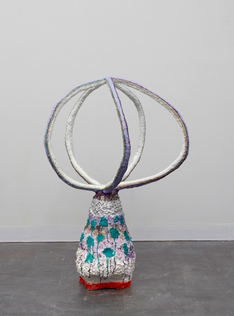 The universe is balancing on a mountain top, 2023, flashe, acrylic, silver leaf on sculptamold and celuclay, aluminum armature, 43 x 28 x 24 inches