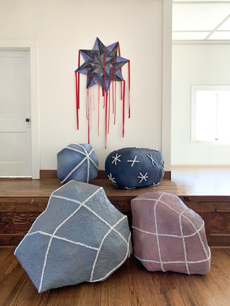 Star Kite, Night Kite and Four Stones, 2024, Kite: 68 x 33 inches, Acrylic on sewn canvas with ribbons