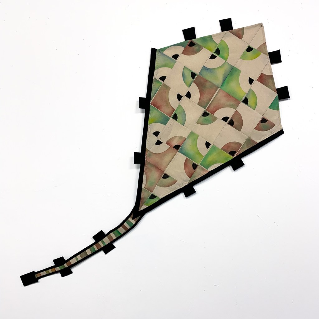 Earth Kite, 2024, 24 x 36 plus tail, Acrylic on sewn canvas and cotton
