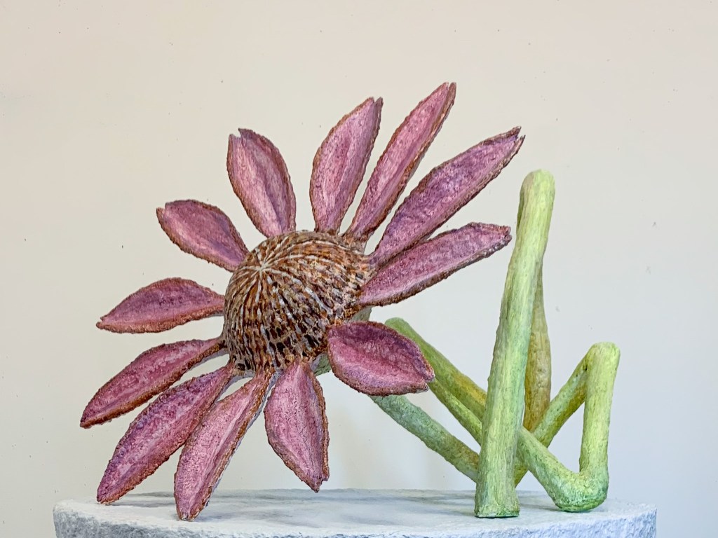 Flower with a Crumpled Stem, 2025, acrylic on modeling compound, aluminum, cardboard