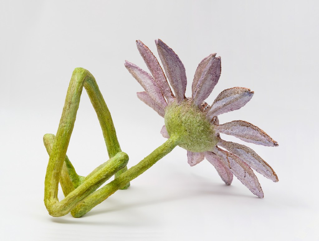 Flower with a Crumpled Stem, 2025, Acrylic on modeling compound, aluminum, cardboard, 29 x 26 x 21 inches