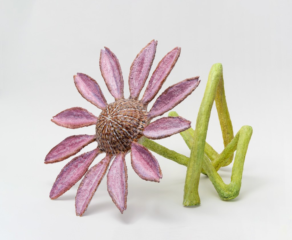 Flower with a Crumpled Stem, 2025, Acrylic on modeling compound, aluminum, cardboard, 29 x 26 x 21 inches