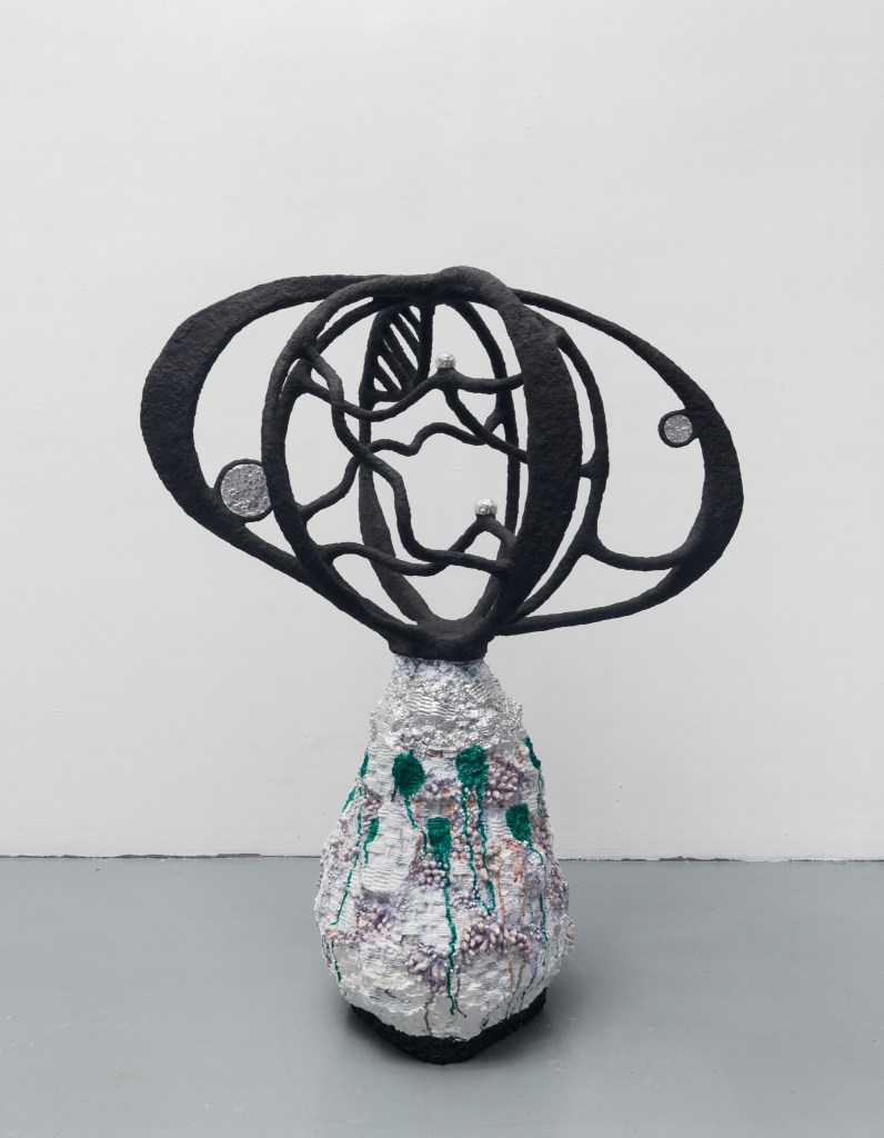 The universe is balancing on a mountain top, 2025, Acrylic and aluminum leaf on modeling compound, aluminum, and styrofoam, 44 x 36 x 26 inches