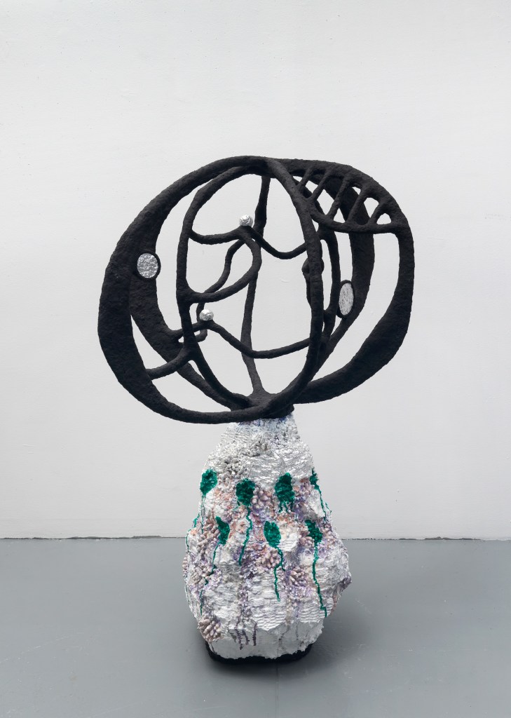 The universe is balancing on a mountain top, 2025, Acrylic and aluminum leaf on modeling compound, aluminum, and styrofoam, 44 x 36 x 26 inches