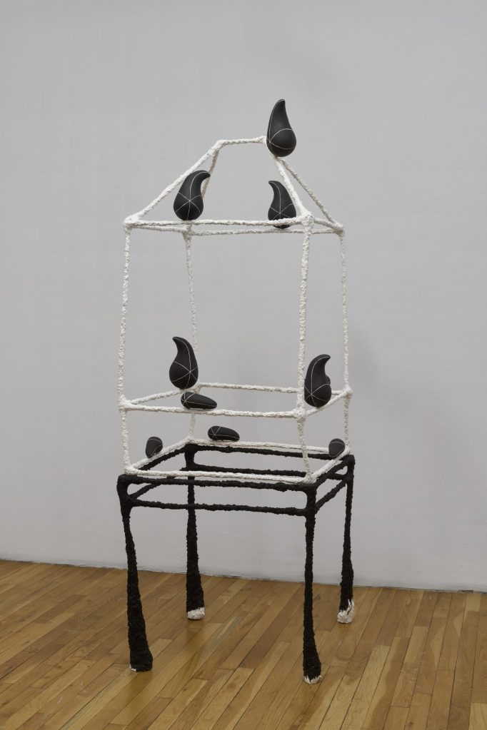 Ghost House 2, 2024, acrylic on modeling compound, bamboo, polystyrene, 75 x 26 x 24 inches